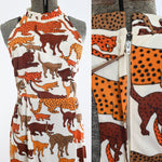 Vintage 1970s Small Orange Brown White Wild Cats Novelty Print T Back Maxi Dress