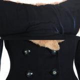 Vintage 1940s XS Navy Blue Fur Collar Double Breasted Princess Cut Heavy Winter Coat