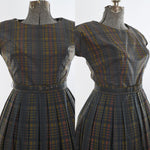 Vintage 1960s Medium Plaid Dark Colors Short Sleeve Dress Matching Jacket Set