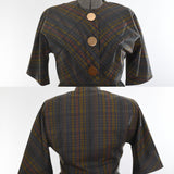 Vintage 1960s Medium Plaid Dark Colors Short Sleeve Dress Matching Jacket Set