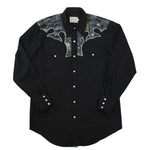 Vintage 1970s Large 16.5 Black Fabric Inlay Embroidered Pearl Snap Western Shirt | by H Bar C