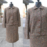 Vintage 1960s XS Brown Green Weave Rainbow Flecked Wool Jacket Skirt Suit