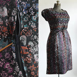 Vintage 1950s Large Black Rainbow Brocade Asian Print Short Sleeve Dress