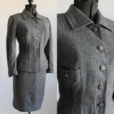 Vintage 1950s XS Gray Blue Wasp Waist Skirt Suit