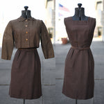 Vintage 1950s XS Copper Brown Sleeveless Wiggle Dress Suit Set