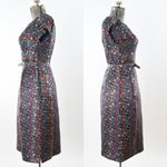 Vintage 1950s Large Black Rainbow Brocade Asian Print Short Sleeve Dress