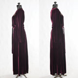 Vintage 1940s Small Maroon Red Velvet Gold Soutache Beaded Hostess Gown Maxi Dress