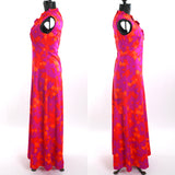 Vintage 1960s Small Purple Orange Floral Flower Power Day-Glo Sleeveless Maxi Dress