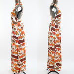 Vintage 1970s Small Orange Brown White Wild Cats Novelty Print T Back Maxi Dress