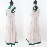 Vintage 1940s Medium White Green Red Cotton Pique Short Sleeve Holiday Day Dress