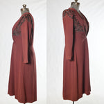 Vintage 1940s Large Red Earth Tone Wounded Long Sleeve Beaded Dress | for Montados