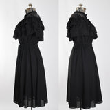 Vintage 1970s Large Black Lolita Victorian Revival Illusion Bodice Ruffled Midi Dress