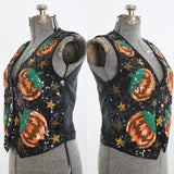 Vintage 80s Medium Black Sequin Silk Halloween Celestial Theme Vest | by Just Fabulous