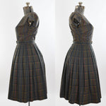 Vintage 1960s Medium Plaid Dark Colors Short Sleeve Dress Matching Jacket Set