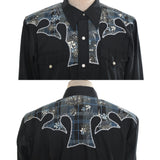 Vintage 1970s Large 16.5 Black Fabric Inlay Embroidered Pearl Snap Western Shirt | by H Bar C