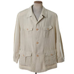 khaki beige 4 button lightweight jacket with 2 front flap button pockets and 2 large flap button pockets over hips shown on mannequin against white background