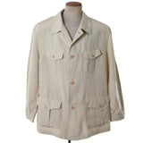 khaki beige 4 button lightweight jacket with 2 front flap button pockets and 2 large flap button pockets over hips shown on mannequin against white background