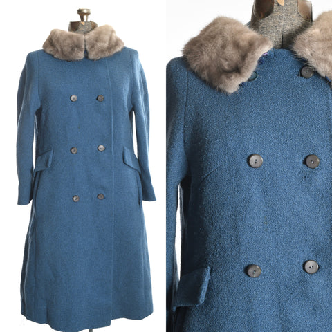 vintage 1960s turquoise blue midi wool boucle coat with gray fur collar shown full length on left side with close up of bodice on right side image on white bacground