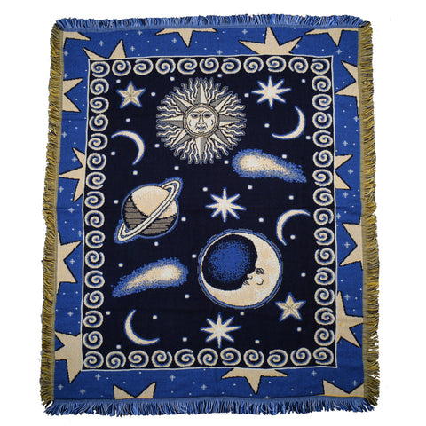 vintage 1990s celestial theme blue yellow white star border trim throw blanket with sun, stars, comets, moon and Jupiter shown flat on white background