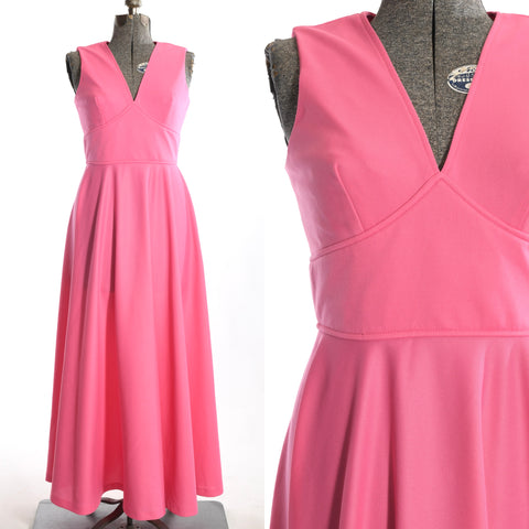 vintage 1970s bubblegum pink sleeveless v neck maxi dress shown on dress form left image and close up of bodice on right image shown on white background
