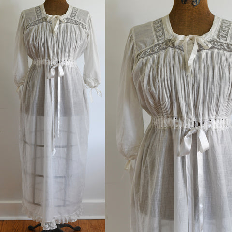 genuine antique 1910s pin tuck bodice with ribbons to draw in neckline and waist shown on dress form left image with close up of bodice on the right shown on natural hardwood floor and white wall