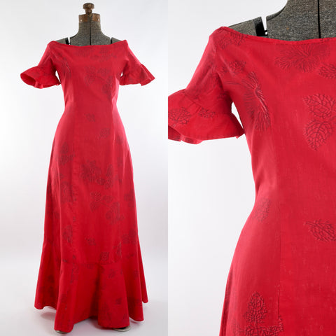 true vintage 1950s red hibiscus print in faded black and faded white maxi mermaid tail Hawaiian holomu'u dress shown on dress form left image and close up of bodice right image all on white background
