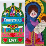 true vintage 70s wool felt christmas banner divided into colorful panels with angles and baby jesus held by mary stating Christmas is Love shown full banner left image and close up mary holding Jesus left image
