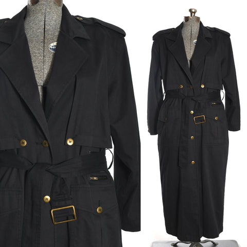 vintage 80s black trench coat with brass button details shown on dress form left image close up bodice right image full coat on dress form all on white background