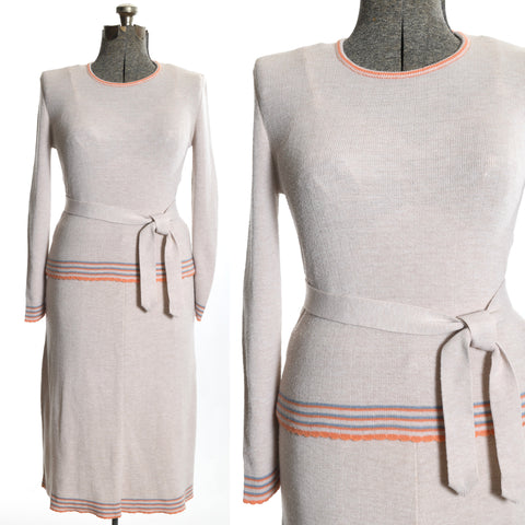 vintage 1970s light beige knit sweater matching skirt set orange and blue trim with original sweater belt tied on side shown on dress form left image with close up of bodice right image all on white background