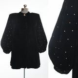 vintage 1940s black velvet gold metal studded large barrel sleeve top neckline button heavy swing coat shown on dress form left image and close up of sleeve right image all on white background