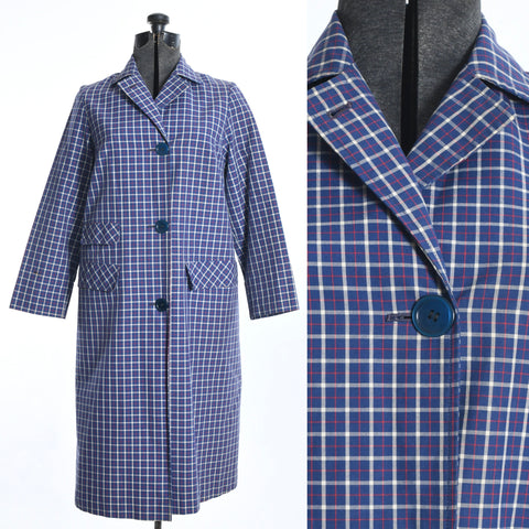 vintage 1950s blue red white check jacket with 3 large main buttons shown on dress form left image and close up of upper bodice right image all on white background