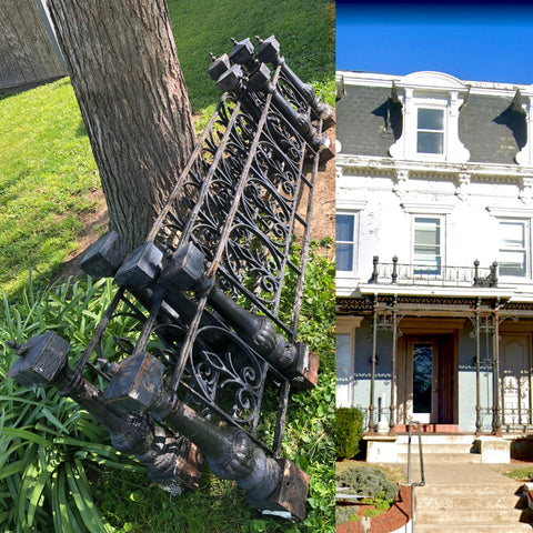 antique 1850s wrought iron 3 section widows walk roof railing shown lying together against a tree on grass left image with railing attached to original home right image above front porch