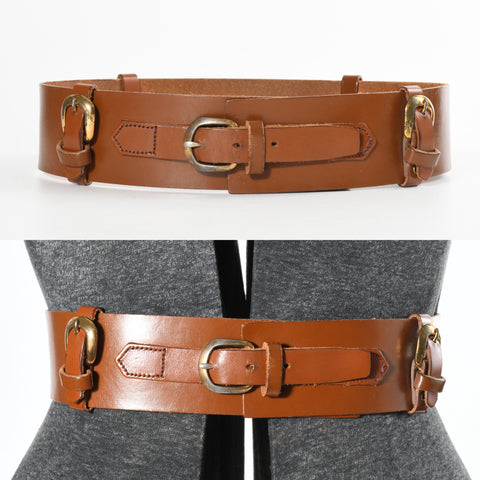 vintage 1950s brown leather gold metal buckles wide cinch belt shown sitting flat buckled on white background top image with belt on dress form lower image