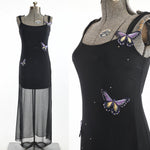 vintage 1990s black short inner dress with full length black mess overlay dress featuring 3 embroidered butterfly appliques and scattered rhinestones sleeveless dress shown on dress form left image and close up of bodice angled in right image all on white background
