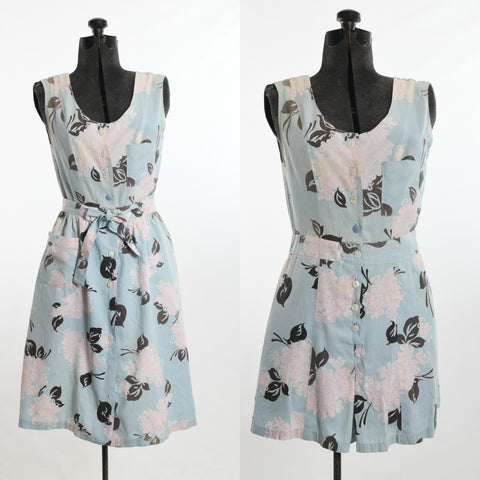 vintage 1930s 1940s blue sleeveless romper skirt wounded playsuit set shown on dress from with skirt and romper left image and romper on dress form right side with white backdrop