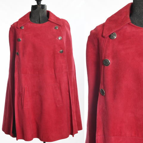 vintage 1960s pink suede cape with two front angled slit pockets and 6 silver buttons shown in left image on dress form and right image shows front upper bodice details all on white background