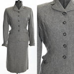 true vintage 50s heather gray nipped waist skirt suit with 5 front center buttons and scalloped front flap hip pockets shown on dress form left image and close up of bodice right image all on white background