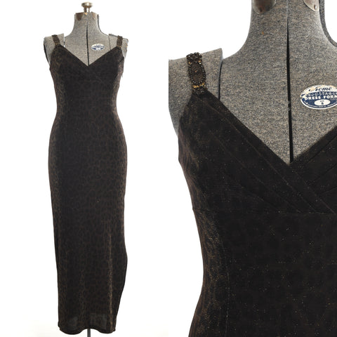 vintage 1990s leopard print lurex sleeveless maxi dress with side slit shown on dress form left image and close up of bodice shown on right image with white background