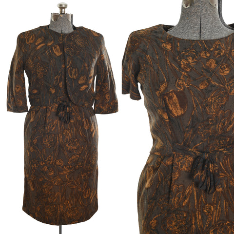true vintage late 50s wool brown and yellow gold abstract tulip pattern wiggle dress with matching cropped jacket shown on dress form left image with close up of dress bodice right image all on white background