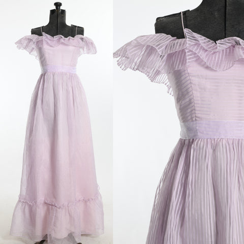vintage 1980s pale purple off the shoulder ruffle long maxi dress shown on dress form left image with close up of bodice detail on right image on white background