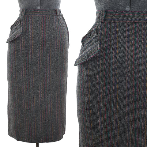 true vintage 1950s herringbone black gray midi pencil skirt with rainbow vertical stripes shown on dress form left image with close up of hip pocket and fabric right image all against white background