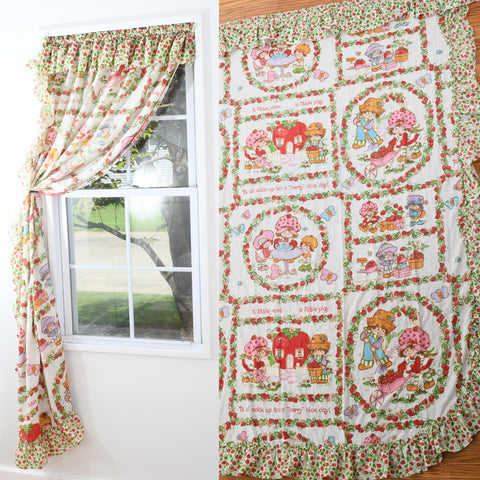 vintage 1980s long strawberry shortcake ruffle curtains shown drawn back on window with white wall and tree showing through window left image with curtain panel lying flat on wood floor right image