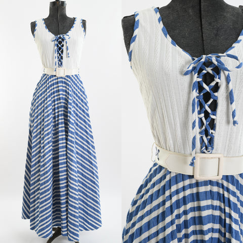 true vintage 1970s blue white striped corset lace tie front sleeveless maxi sundress shown full on dress form left image and close up of bodice right image all on white background