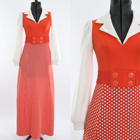 Vintage 1970s XS Orange White Polka Dot Long Sleeve Maxi Dress | by Patricia Fair