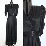 vintage 1980s black V neck gathered bodice short tulip sleeve long maxi dress with ofset rhinestone detail belt shown on dressform left image and close up bodice right image shown on white background