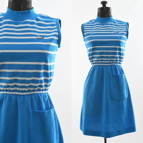 true vintage 1960s blue white striped sleeveless dress with sold blue skirt and large front side patch pocket shown close up bodice on dress form left image and full dress front right image all on white background
