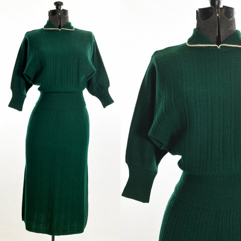 vintage 1950s green raglan batwing sleeve knit sweater skirt suit set with white angora trimmed peter pan collar on dress form left image with closeup of top on right image shown on white background