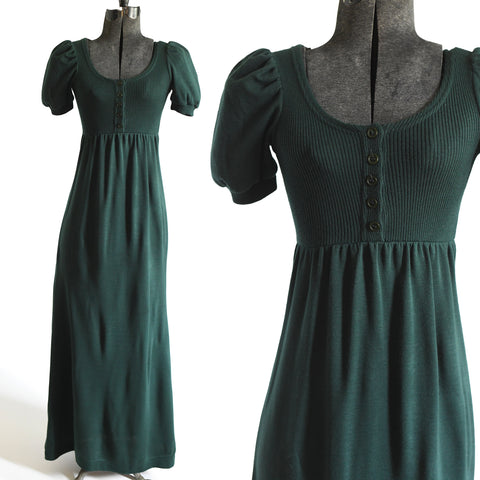 true vintage 1970s short sleeve puff sleeve scoop neck A line maxi sweater dress in forest green shown on full dress form left image and close up of bodice right image all on white background