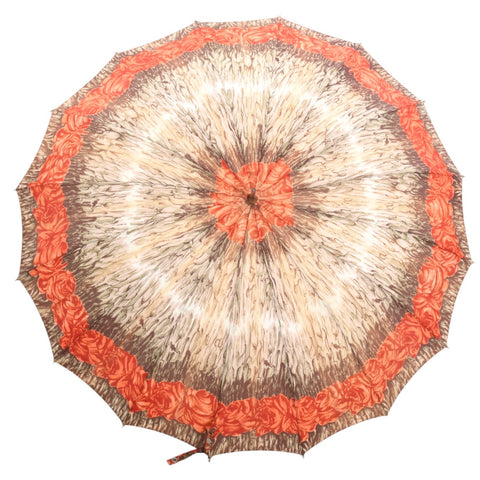 vintage 1960s coral orange rose border tan beige 16 rib umbrella shown open on a white background
