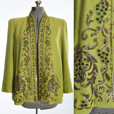 vintage early 1940s chartreuse green short swing coat with front sequins and green faux stones in pattern of leaves, vines and clusters on dress form with white backdrop